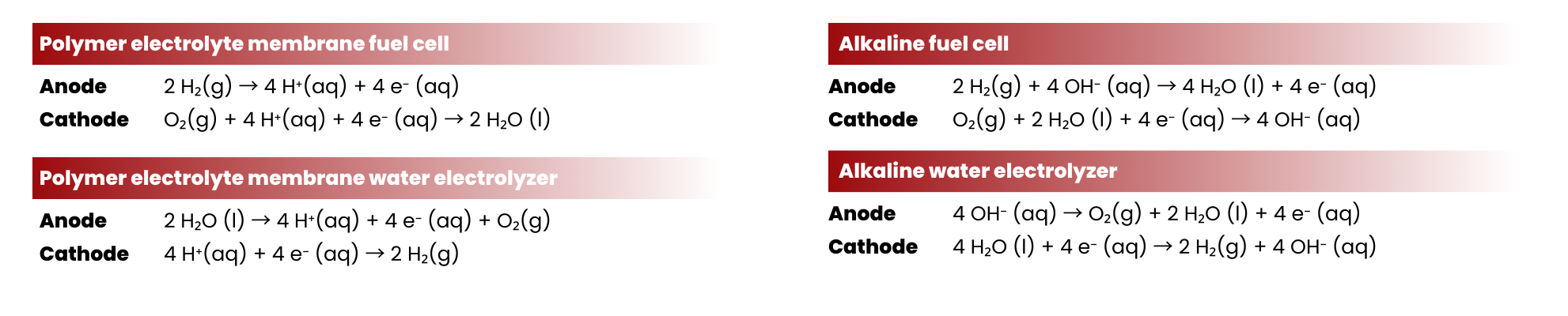 Alkaline and Proton Exchange Membrane Water Electrolysis and Fuel Cell Reactions